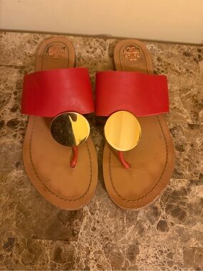Tory Burch Red Leather Slide Sandals with Gold Medallions